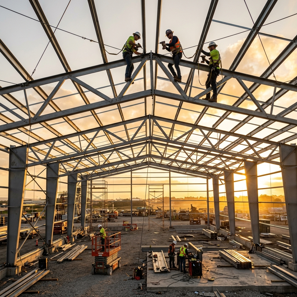 Industrial Construction — Workers assembling steel shed